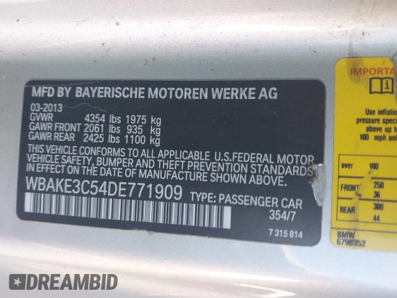 2013 BMW 3 Series 328i with VIN WBAKE3C54DE771909, listed as a IAAI auction lot 41950288 with 139,929 mi miles and . Bid and sale history available at DreamBid. Image 9.