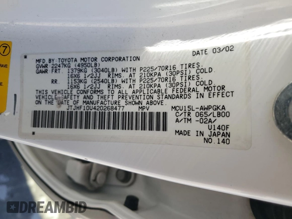 2002 Lexus RX 300 with VIN JTJHF10U420268477, listed as a Copart auction lot 47854875 with 228,410 mi miles and Clean Title. Bid and sale history available at DreamBid. Image 13.