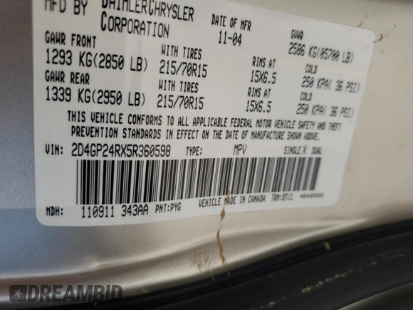 2005 Dodge Caravan SE с VIN 2D4GP24RX5R360598, выставлен на аукционе Copart как лот 60288075 с пробегом 126 609 миль миль и На запчасти • Non repairable. История ставок и продаж доступна на DreamBid. Изображение 13.