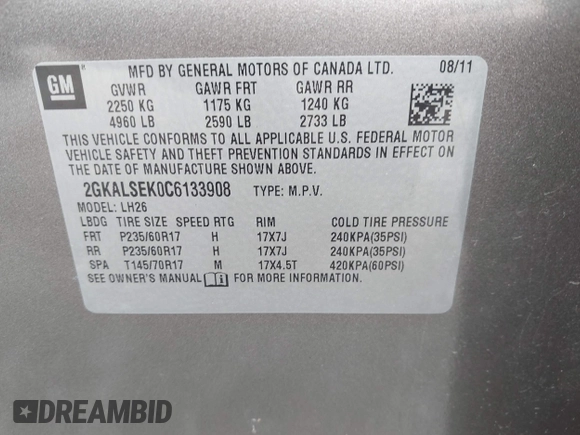 2012 GMC Terrain SLE-2 with VIN 2GKALSEK0C6133908, listed as a IAAI auction lot 42343608 with 141,825 mi miles and . Bid and sale history available at DreamBid. Image 9.