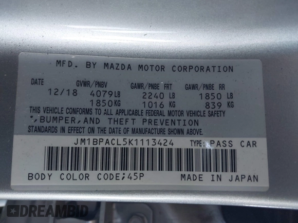 2019 Mazda 3 Select with VIN JM1BPACL5K1113424, listed as a IAAI auction lot 42087923 with 52,253 mi miles and . Bid and sale history available at DreamBid. Image 9.