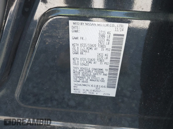 2015 Nissan Pathfinder SL with VIN 5N1AR2MM2FC618166, listed as a IAAI auction lot 41827244 with 60,505 mi miles and . Bid and sale history available at DreamBid. Image 9.