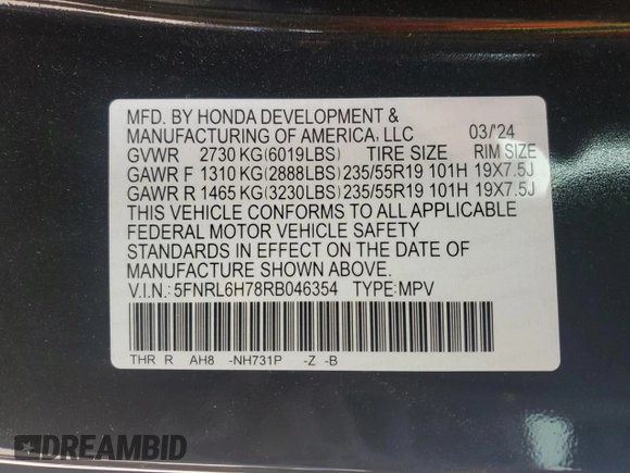 2024 Honda Odyssey Sport with VIN 5FNRL6H78RB046354, listed as a Copart auction lot 44734005 with 10,872 mi miles and Salvage Title. Bid and sale history available at DreamBid. Image 16.