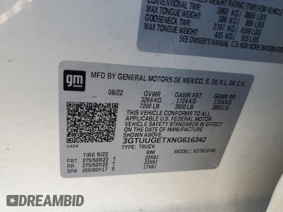 2022 GMC Sierra 1500 with VIN 3GTUUGETXNG616342, listed as a Copart auction lot 44078105 with Not Provided miles and Salvage Title. Bid and sale history available at DreamBid. Image 12.