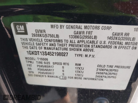 2005 GMC Envoy SLE z VIN 1GKDT13S452198027, wystawiony jako IAAI lot #42243258 z przebiegiem 144 240 mil mil oraz . Historia ofert i sprzedaży dostępna na DreamBid. Obrazek 9.