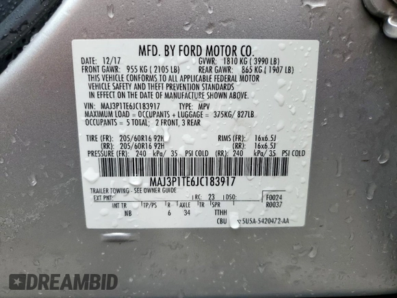 2018 Ford EcoSport SE with VIN MAJ3P1TE6JC183917, listed as a Copart auction lot 55956375 with 82,688 mi miles and Salvage title. Bid and sale history available at DreamBid. Image 13.