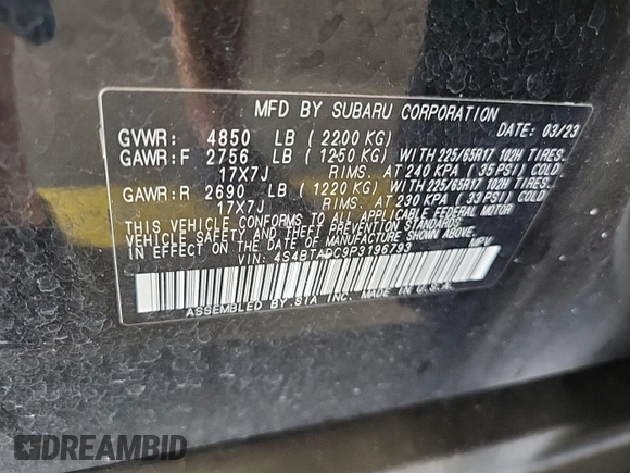 2023 Subaru Outback Premium with VIN 4S4BTADC9P3196793, listed as a IAAI auction lot 42900514 with 72,990 mi miles and . Bid and sale history available at DreamBid. Image 8.