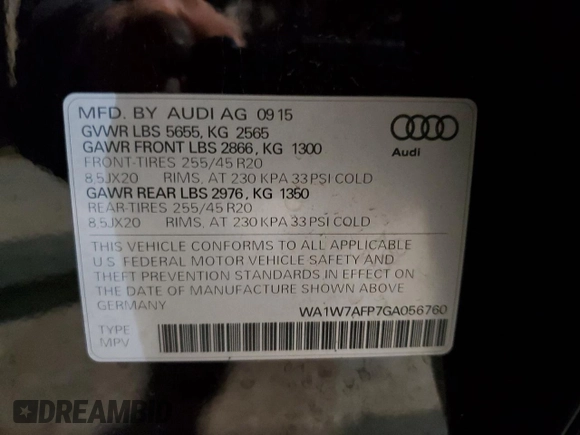 2016 Audi Q5 Prestige with VIN WA1W7AFP7GA056760, listed as a Copart auction lot 87717165 with 94,047 mi miles and Salvage Title. Bid and sale history available at carsss.com. Image 13.