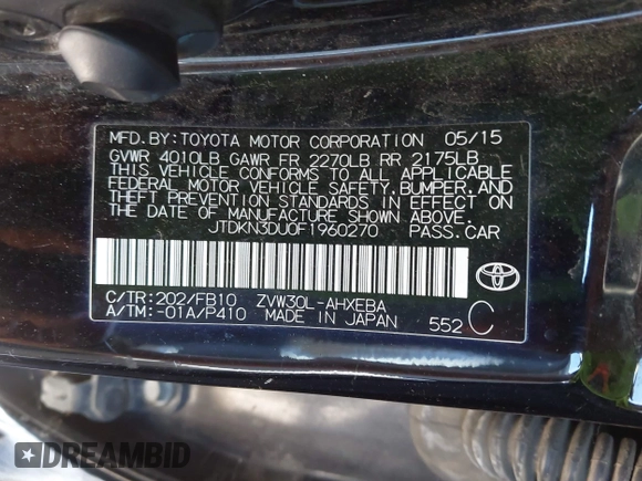2015 Toyota Prius Four with VIN JTDKN3DU0F1960270, listed as a IAAI auction lot 42660592 with 256,873 mi miles and . Bid and sale history available at DreamBid. Image 9.