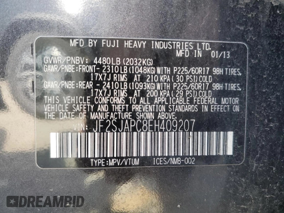 2014 Subaru Forester Touring with VIN JF2SJAPC8EH409207, listed as a Copart auction lot 59544835 with 268,477 mi miles and Clean title. Bid and sale history available at DreamBid. Image 13.