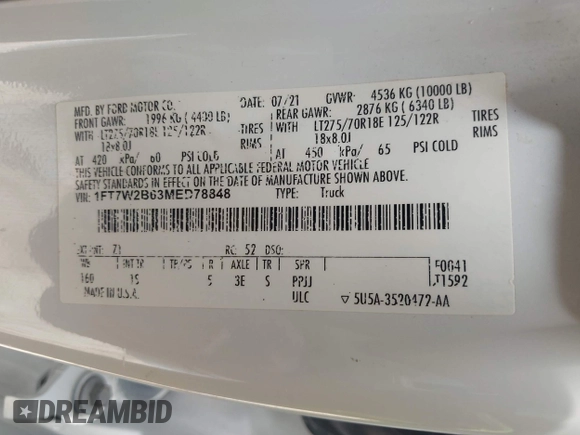 2021 Ford F-250 XL с VIN 1FT7W2B63MED78848, выставлен на аукционе IAAI как лот 42259810 с пробегом 127 552 миль миль и . История ставок и продаж доступна на DreamBid. Изображение 9.