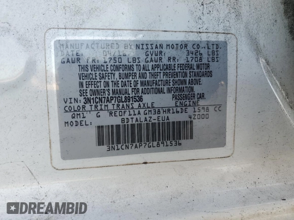 2016 Nissan Versa S Plus with VIN 3N1CN7AP7GL891536, listed as a Copart auction lot 42686105 with 100,676 mi miles and Salvage Title. Bid and sale history available at carsss.com. Image 12.
