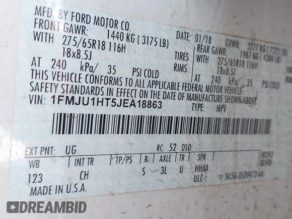 2018 Ford Expedition XLT with VIN 1FMJU1HT5JEA18863, listed as a IAAI auction lot 41815687 with 96,544 mi miles. Bid and sale history available at carsss.com. Image 9.