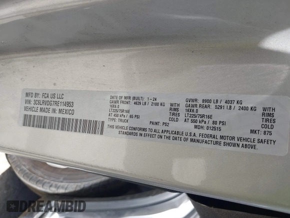 2024 Ram ProMaster Cargo Tradesman with VIN 3C6LRVDG7RE114953, listed as a IAAI auction lot 41798336 with 100,887 mi miles and . Bid and sale history available at DreamBid. Image 9.