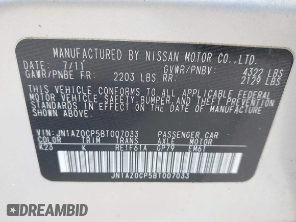2011 Nissan LEAF SL-e with VIN JN1AZ0CP5BT007033, listed as a IAAI auction lot 42194068 with 40,620 mi miles and . Bid and sale history available at DreamBid. Image 9.