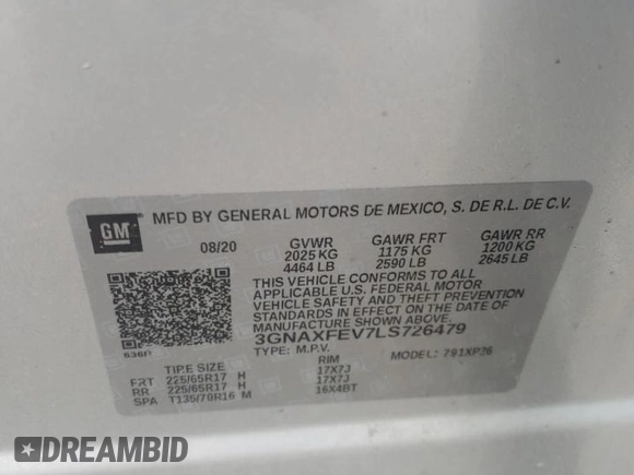 2020 Chevrolet Equinox LS with VIN 3GNAXFEV7LS726479, listed as a Copart auction lot 57984975 with 89,438 mi miles and Salvage title. Bid and sale history available at DreamBid. Image 12.