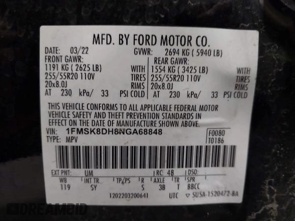 2022 Ford Explorer XLT z VIN 1FMSK8DH8NGA68848, wystawiony jako IAAI lot #41996766 z przebiegiem 48 191 mil mil oraz . Historia ofert i sprzedaży dostępna na DreamBid. Obrazek 9.