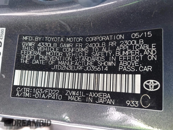 2015 Toyota Prius Two with VIN JTDZN3EU9FJ035614, listed as a IAAI auction lot 42713343 with 132,365 mi miles and . Bid and sale history available at DreamBid. Image 9.
