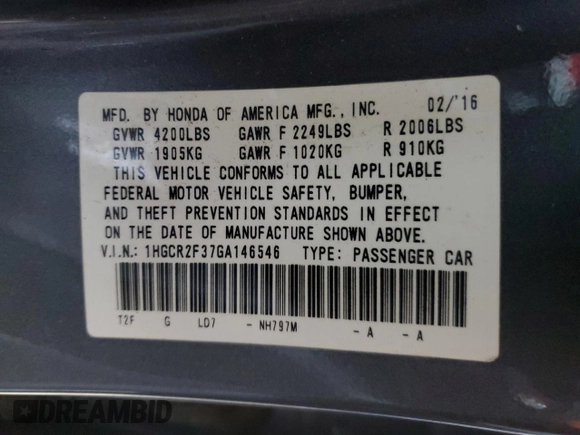 2016 Honda Accord LX with VIN 1HGCR2F37GA146546, listed as a Copart auction lot 48300515 with 148,380 mi miles and Salvage Title. Bid and sale history available at DreamBid. Image 14.