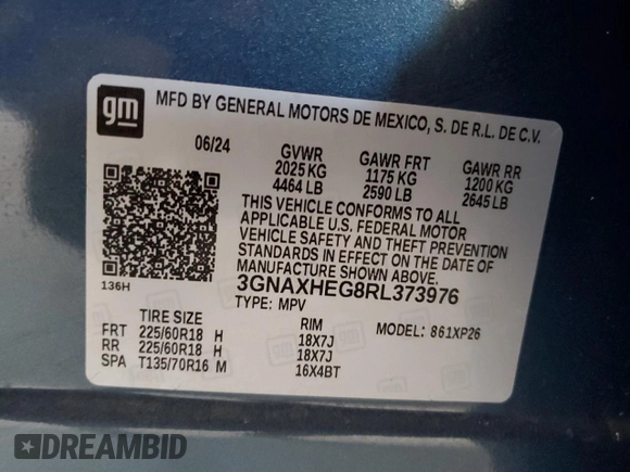 2024 Chevrolet Equinox LS z VIN 3GNAXHEG8RL373976, wystawiony jako Copart lot #54195365 z przebiegiem 26 933 mil mil oraz Szkoda całkowita • Salvage title. Historia ofert i sprzedaży dostępna na DreamBid. Obrazek 12.