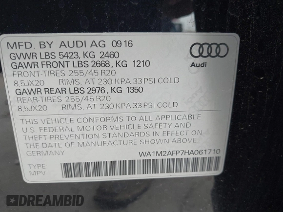 2017 Audi Q5 Premium Plus z VIN WA1M2AFP7HA061710, wystawiony jako IAAI lot #42311498 z przebiegiem 105 922 mil mil oraz . Historia ofert i sprzedaży dostępna na DreamBid. Obrazek 9.