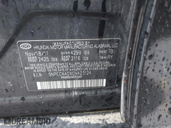 2012 Hyundai Sonata Limited with VIN 5NPEC4ACXCH423124, listed as a IAAI auction lot 41908184 with 205,297 mi miles and . Bid and sale history available at carsss.com. Image 9.