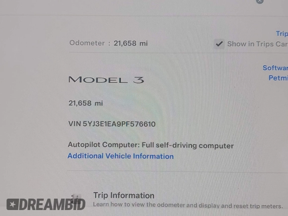 2023 Tesla Model 3 z VIN 5YJ3E1EA9PF576610, wystawiony jako IAAI lot #42206777 z przebiegiem 21 658 mil mil oraz . Historia ofert i sprzedaży dostępna na DreamBid. Obrazek 7.