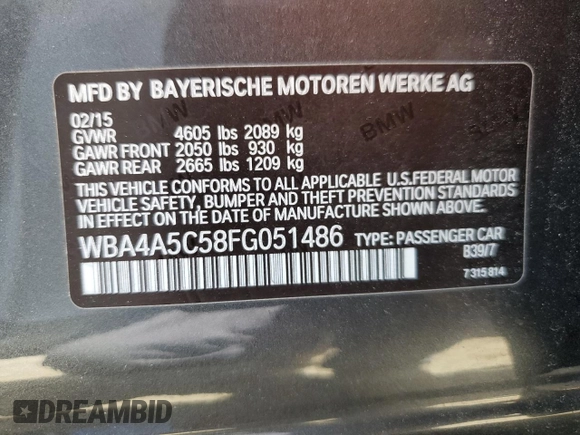 2015 BMW 4 Series 428i with VIN WBA4A5C58FG051486, listed as a Copart auction lot 50435795 with 91,286 mi miles and Salvage Title. Bid and sale history available at DreamBid. Image 13.