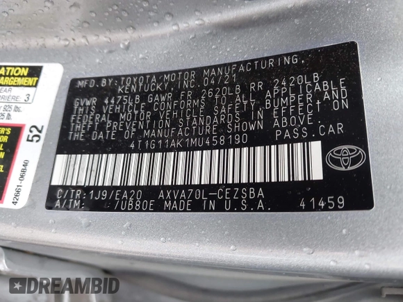 2021 Toyota Camry SE Nightshade with VIN 4T1G11AK1MU458190, listed as a IAAI auction lot 42075243 with 48,731 mi miles and . Bid and sale history available at carsss.com. Image 9.