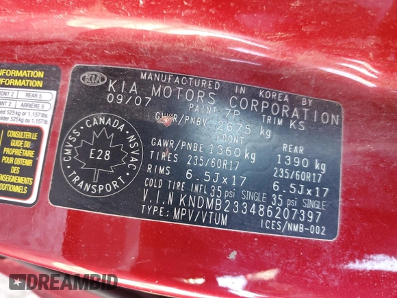 2008 Kia Sedona LX with VIN KNDMB233486207397, listed as a Copart auction lot 48317505 with Not Provided miles and Clean Title. Bid and sale history available at carsss.com. Image 14.