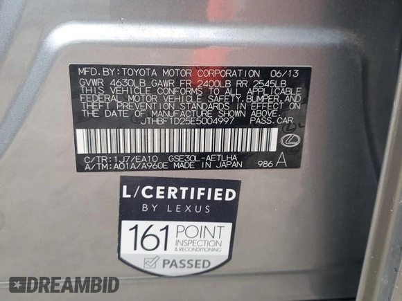 2014 Lexus IS 250 with VIN JTHBF1D25E5004997, listed as a Copart auction lot 57609535 with 100,597 mi miles and Salvage title. Bid and sale history available at DreamBid. Image 12.