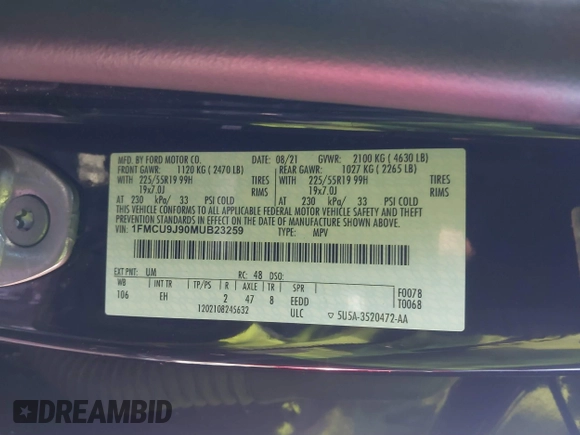 2021 Ford Escape Titanium с VIN 1FMCU9J90MUB23259, выставлен на аукционе IAAI как лот 41535706 с пробегом 100 664 миль миль и . История ставок и продаж доступна на DreamBid. Изображение 9.