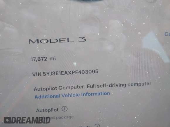 2023 Tesla Model 3 z VIN 5YJ3E1EAXPF403095, wystawiony jako IAAI lot #42151764 z przebiegiem 17 872 mil mil oraz . Historia ofert i sprzedaży dostępna na DreamBid. Obrazek 7.