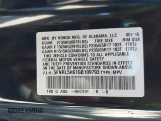 2016 Honda Odyssey EX-L with VIN 5FNRL5H61GB109793, listed as a IAAI auction lot 41827638 with 78,531 mi miles and . Bid and sale history available at DreamBid. Image 9.