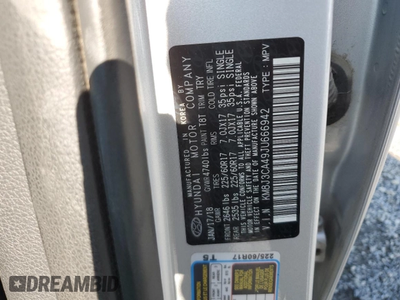 2018 Hyundai Tucson SEL with VIN KM8J3CA49JU666942, listed as a Copart auction lot 58911095 with 73,839 mi miles and Salvage title. Bid and sale history available at DreamBid. Image 13.
