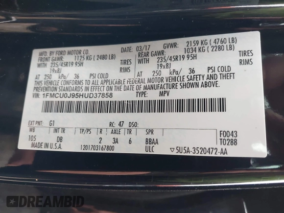 2017 Ford Escape Titanium with VIN 1FMCU0J95HUD37858, listed as a IAAI auction lot 41984629 with 87,163 mi miles and . Bid and sale history available at DreamBid. Image 9.