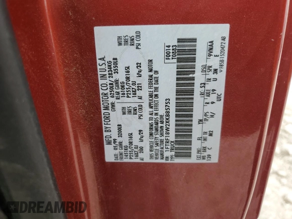 1999 Ford F-150 with VIN 1FTRF18W2XKB85753, listed as a Copart auction lot 55666595 with 78,888 mi miles and Salvage title. Bid and sale history available at DreamBid. Image 12.