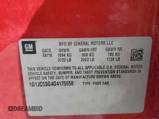 2016 Chevrolet Sonic LT z VIN 1G1JC5SG4G4175558, wystawiony jako Copart lot #57991275 z przebiegiem 133 497 mil mil oraz Szkoda całkowita • Salvage title. Historia ofert i sprzedaży dostępna na DreamBid. Obrazek 12.