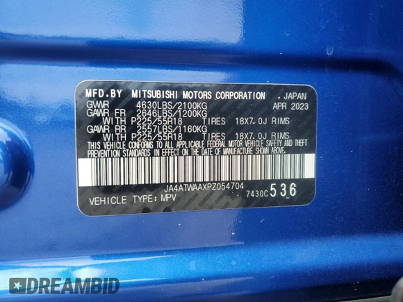2023 Mitsubishi Eclipse Cross SE z VIN JA4ATWAAXPZ054704, wystawiony jako Copart lot #55148655 z przebiegiem 12 162 mil mil oraz Szkoda całkowita • Salvage title. Historia ofert i sprzedaży dostępna na DreamBid. Obrazek 14.