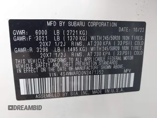 2022 Subaru Ascent Touring with VIN 4S4WMARD0N3471352, listed as a IAAI auction lot 42200783 with 33,714 mi miles and . Bid and sale history available at DreamBid. Image 9.