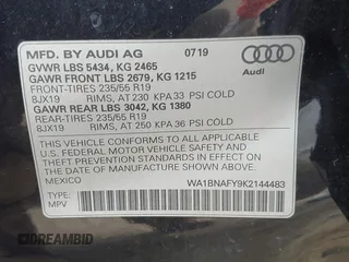 2019 Audi Q5 Premium Plus with VIN WA1BNAFY9K2144483, listed as a IAAI auction lot 41898239 with 54,676 mi miles. Bid and sale history available at carsss.com. Image 9.