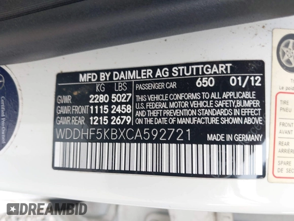 2012 Mercedes-Benz E 350 Luxury with VIN WDDHF5KBXCA592721, listed as a IAAI auction lot 42357925 with 86,783 mi miles and . Bid and sale history available at DreamBid. Image 9.