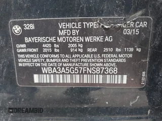 2015 BMW 3 Series 328i with VIN WBA3A5G57FNS87368, listed as a IAAI auction lot 42132939 with 115,289 mi miles. Bid and sale history available at carsss.com. Image 9.
