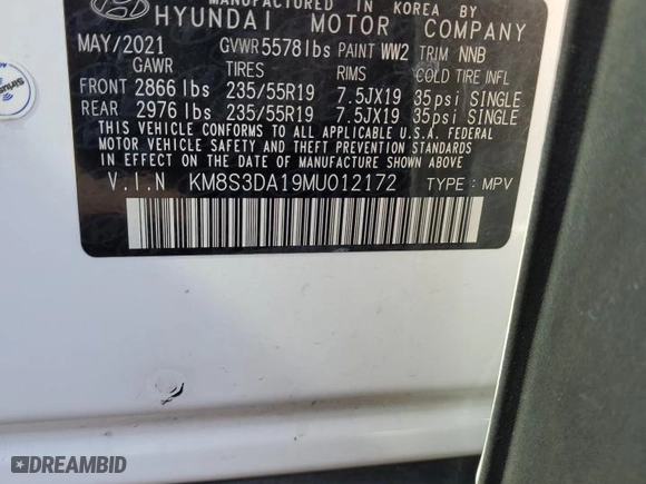 2021 Hyundai Santa Fe Hybrid SEL Premium with VIN KM8S3DA19MU012172, listed as a Copart auction lot 65465524 with NaN miles and Salvage Title. Bid and sale history available at carsss.com. Image 13.