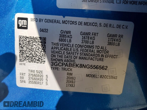 2022 Chevrolet Silverado 1500 Custom with VIN 3GCPABEK8NG556562, listed as a Copart auction lot 79316624 with 59,196 mi miles and Salvage Title. Bid and sale history available at DreamBid. Image 12.