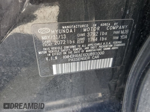 2013 Hyundai Elantra Limited with VIN KMHDH4AE6DU891000, listed as a Copart auction lot 48955665 with 129,030 mi miles and Salvage Title. Bid and sale history available at carsss.com. Image 12.