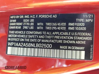 2022 Porsche Macan with VIN WP1AA2A58NLB02500, listed as a IAAI auction lot 41814621 with 54,765 mi miles and . Bid and sale history available at DreamBid. Image 9.