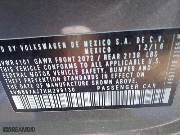 2017 Volkswagen Jetta 1.4T SE with VIN 3VWB67AJ7HM299130, listed as a IAAI auction lot 41572406 with 115,898 mi miles. Bid and sale history available at carsss.com. Image 9.