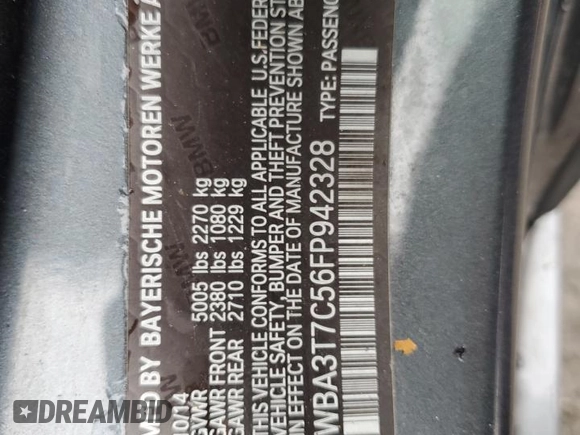 2015 BMW 4 Series 435i xDrive with VIN WBA3T7C56FP942328, listed as a Copart auction lot 52410695 with Not provided miles and Salvage title. Bid and sale history available at DreamBid. Image 12.