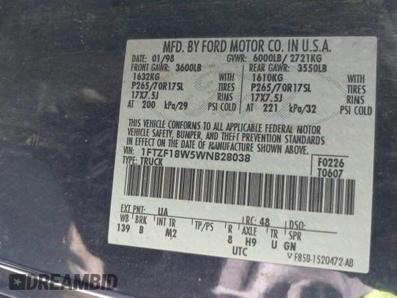 1998 Ford F-150 с VIN 1FTZF18W5WNB28038, выставлен на аукционе IAAI как лот 42076019 с пробегом 316 767 миль миль и . История ставок и продаж доступна на DreamBid. Изображение 9.